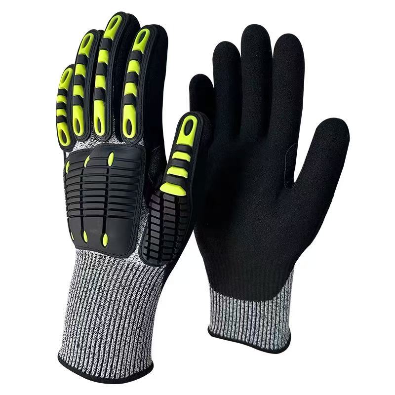 13g tpr hppe/ fiberglass/nylon/spandex yarn liner/black sandy finish nitrile palm coating
